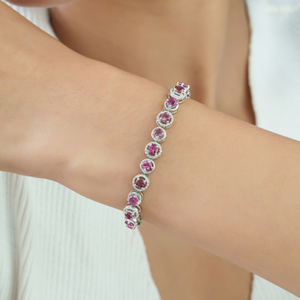 925 Sterling Silver 100% Authentic Pink Tourmaline <b>Gemstone</b> & Halo Diamond Tennis <b>Bracelet</b> Wholesale Price - Product Image 2
