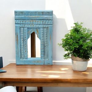 Vintage Wooden Vertical Mirror <b>Frame</b> Handcrafted Distressed Green Finish <b>Wall</b> Hanging Living Room Decor - Product Image 3