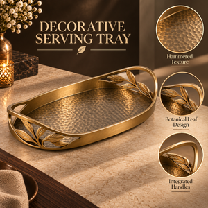 Elegante Bandeja de Servir Ovalada Dorada |   Plato de Metal Martillado con Asas de Hojas Botánicas para Aperitivos, Postres, Mesa de Comedor, Decoración del Hogar - Product Image 5