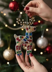 Ornement rectangulaire de Noël fait main de luxe, de haute qualité, avec perles, motif renne et flocon de neige en forme de cœur, pour suspendre à l'arbre de Noël, décoration festive - Product Image 3