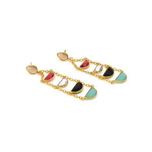 Multi Gemstone Chain Dangle <b>Earrings</b> Handmade Gold Plated Statement <b>Earrings</b> <b>Cat</b> Eye Onyx Quartz Chalcedony Jewelry - Product Image 3