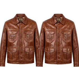 Chaqueta Unisex de Cuero Genuino con Estampado de Cocodrilo Marrón, 4 Bolsillos, Cierre de Botones, Estilo Trucker Vintage, Ropa Exterior de Moda, Logotipo Personalizado OEM, Chaqueta Nueva - Product Image 1