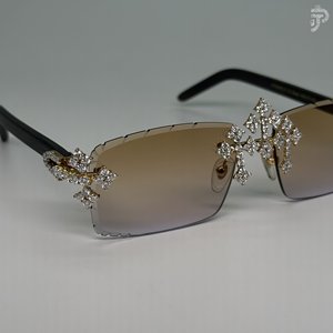 Luxuriöse Runde Kreuz-Brille Rhodium-Plattierte Sonnenbrille Iced Out Kristall-Kreuz-Design-Rahmen Verlaufsglas Holzgläser Modische Brillen - Product Image 3