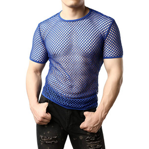 Men's <b>Blue</b> <b>Mesh</b> T-Shirt Short Sleeve O-Neck Slim Fit Breathable Knitted Street Style Solid Color - Product Image 1