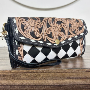 Portefeuille en cuir de vache artisanal pour femme, longue pochette et pochette à main à motif floral noir et blanc, portefeuille de luxe personnalisé - Product Image 5