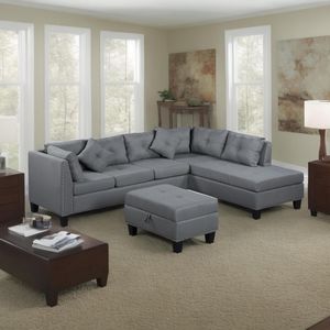 Divano imbottito grigio da 265,5 cm con chaise longue e pouf per soggiorno - Product Image 2