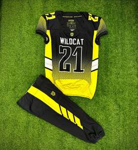 Ensemble de maillot et pantalon de football américain personnalisé sublimé, unisexe, noir et jaune, en maille respirante 100% polyester, taille élastique - Product Image 4