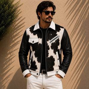 Veste en cuir de vache véritable pour homme, imprimé animal, col rabattu, fermeture éclair, style motard, vêtements d'hiver - Product Image 3
