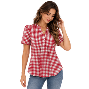 <b>Women's</b> Regular Size Stripped Shirt with Buttons Detail V-Neckline and Short Sleeve Spring/Summer Breathable Casual <b>Womens</b> Shirt - Product Image 1