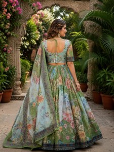 Ensemble Lehenga Choli en soie traditionnelle indienne moderne pour femmes avec broderie élégante et dupatta assorti pour les tenues de mariage - Product Image 2