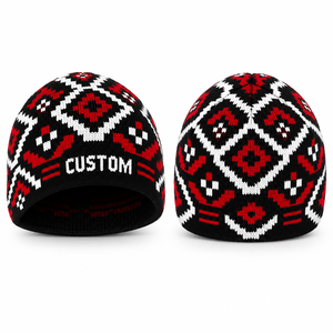 Wholesale 100% Acrylic Knit Beanie Unisex Black Red <b>White</b> Geometric Pattern Winter <b>Hat</b> Custom Logo Streetwear Cap B2B USA - Product Image 1