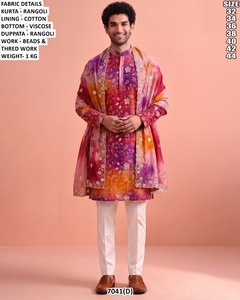 <b>Men's</b> Bandhani Embroidered Rangoli <b>Kurta</b> Beads Thread Work Regular Fit Floor-Length Quick Dry Traditional Wear for Wedding 7040 - Product Image 3
