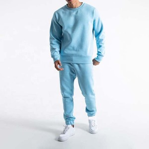 Survêtement bleu clair pour homme, col rond, manches longues, couleur unie, coupe décontractée, avec poches latérales, vêtements d'automne, 100% coton - Product Image 1