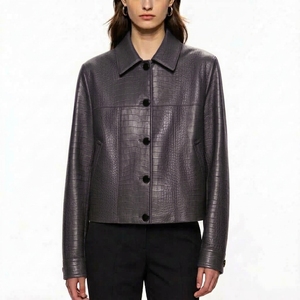 Chaqueta de Mujer de Cuero Genuino Negro, Cuello Camisero, Manga Larga, Patrón de Cocodrilo Repujado, Estilo Otoñal - Product Image 2