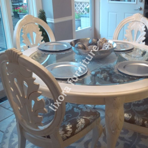 Luxury Handcrafted <b>White</b> Pearl 4 Seater <b>Round</b> Dining <b>Table</b> Set Ornate Carved Chairs Glass Top - Product Image 4