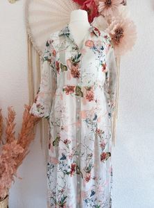 <b>Boho</b> Solid Floral Print Chiffon Shirt <b>Dress</b> Long Sleeve Maxi Loose Fit V-neck <b>Summer</b> Casual Wear Women - Product Image 2