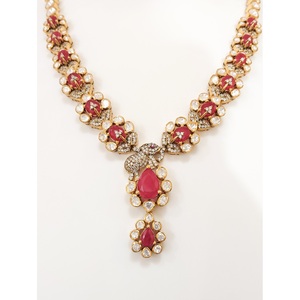 925 Silver Victorian Polki CZ <b>Ruby</b> Leaf Motif Floral Drop <b>Necklace</b> Earring Set Indian Bridal Handmade Antique Gold Plated - Product Image 2