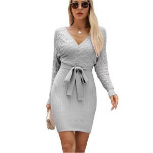 Vestidos de suéter de punto acanalado con cuello en V ancho, cintura alta y lazo frontal para mujer, estilo mini cruzado, venta al por mayor de fábrica de ropa, personalizados para otoño - Product Image 1