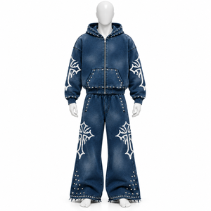 AMSEC INDUSTRY Ensemble de survêtement personnalisé en coton épais délavé à l'acide, style vintage streetwear, avec sweat à capuche imprimé et pantalon de survêtement évasé - Product Image 1