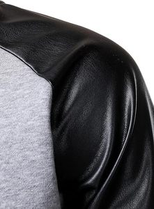 Veste varsity grise pour homme avec manches en cuir PU noir, col rabattu, vêtement décontracté d'automne, coupe régulière, fermeture à boutons - Product Image 3
