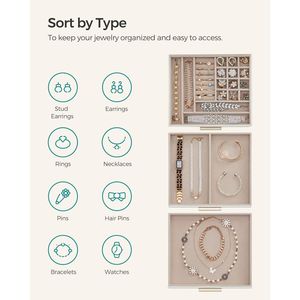 Boîte à bijoux GISELLA Collection à 3 niveaux, moderne, 8 tiroirs, avec quincaillerie métallique brillante, couvercle en verre pour un rangement efficace - Product Image 3