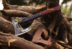 Handmade <b>Axe</b> Carbon Steel Blade Wood <b>Handle</b> With Leather Sheath Outdoor Knife - Product Image 6