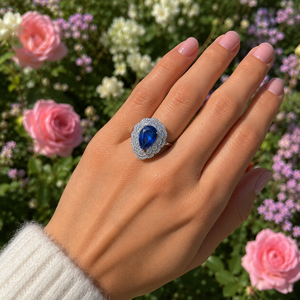 Bague de fiançailles vintage en or 18 carats avec saphir bleu taille poire et double halo de diamants, bijou raffiné, cadeau pour elle - Product Image 6