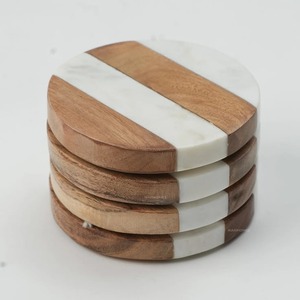 Beautiful Natural Wood And Polished Marble <b>Coaster</b> <b>Set</b> With Holder Suitable For Dining Tables Living Rooms Restaurants And Hotel - Product Image 4