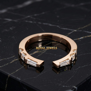 Rose Gold Tone <b>Open</b> <b>Ring</b> Baguette Cut Stone Statement Band Bangle moissanite silver Jewelry for Women - Product Image 5