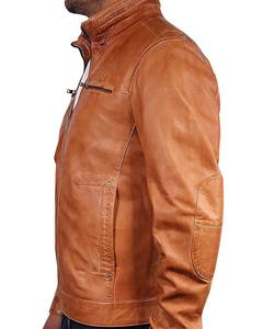 Blouson universitaire élégant et robuste en cuir véritable pour homme, avec fermeture éclair, col montant, capuche et doubles poches poitrine, en cuir de vachette, pour l'automne - Product Image 2