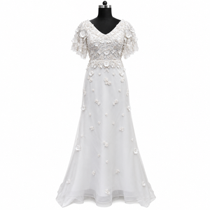 Floral <b>Applique</b> Evening <b>Dress</b> V Neck Flutter Sleeves A-Line Silhouette Formal | White Floor Length Embellished Formal Party Gown - Product Image 1