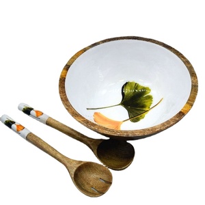 Hochwertige umwelt freundliche kunden spezifische Größe Form Akazien holz Klassische Salats ch üssel Emaille bedrucktes Design für Küchentisch platte - Product Image 3