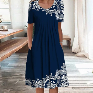 Fashion Elegant Women's Bodycon Casual Cotton Jersey Short Sleeve Lace Ankle-Length Printed Dress - Product Image 2