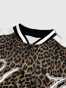 Men Cotton Fleece Bomber <b>Jacket</b> Leopard Print Varsity <b>Jacket</b> <b>Star</b> Patch Zip Up Streetwear Outerwear for Casual Winter Wear - Product Image 3