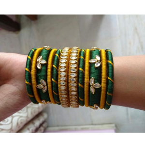 Designer Green Silk <b>Thread</b> Bangles Set with Gold <b>Beads</b> & Stone Work – Indian Wedding Bridal Bangles - Product Image 2