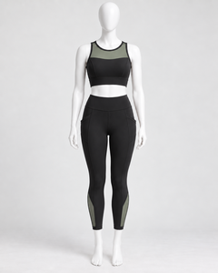 Women's Mesh Panel Sports Bra High Waist <b>Side</b> <b>Pocket</b> <b>Leggings</b> Set 2 Piece Gym Activewear Custom Private Label Wholesale - Product Image 1
