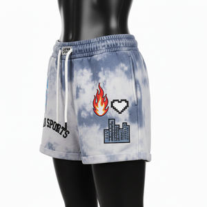 Shorts en molleton de coton premium 320 GSM gris bleu délavé, tissu doux avec logo brodé en chenille personnalisé, shorts pour femmes - Product Image 4