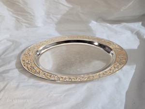 Premium Oval Stainless Steel Serving Tray Engraved Decorative <b>Platter</b> with <b>Gold</b> Fluted <b>Rim</b> - Product Image 1