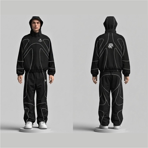 Conjunto Deportivo de Nailon Impermeable de Alta Calidad - Chaqueta Cortavientos con Capucha y Paneles con Diseño de Líneas Reflectantes Personalizadas y Pantalones Deportivos - Product Image 4