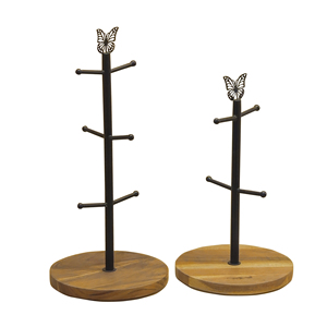 Support à tasses moderne en métal avec décoration en forme de chauve-souris, base ronde en bois, support sur pied pour rangement dans le salon, porte-tasses à café en bois - Product Image 3