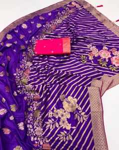 Premium Dola Silk Jacquard Hand Dyed Saree Meenakari Rich Pallu Contrast Blouse Single Tone Ethnic Traditional Wear Quick Dry - Product Image 3