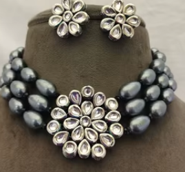 Conjunto de Gargantilla tradicional Kundan con cuentas negras y pendientes para ropa de novia para mujeres y niñas, Gargantilla Kundan para fiestas de bodas - Product Image 2