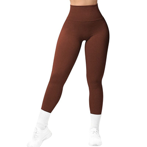 <b>High</b> <b>Waist</b> Full Length Ribbed <b>Leggings</b> Solid Color Seamless Spandex Cotton Four-Way Stretch Women Yoga Pants - Product Image 1