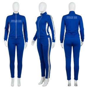 Ensemble de survêtement bleu clair 2 pièces pour femme, veste zippée à col montant, pantalon à rayures avec imprimé lettres, tenue sportive décontractée - Product Image 3