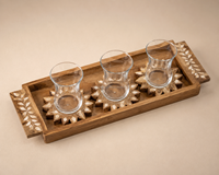 Plateau de service rectangulaire en bois avec incrustation florale, 3 porte-verres, ensemble décoratif rustique, design en bois artisanal