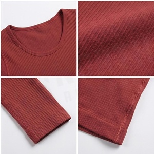 Camiseta de Manga Larga con Cuello Redondo y Textura Acanalada, Color Sólido, Elástica, para Yoga, Mezcla de Algodón y Spandex para Mujer - Product Image 4