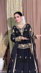 Black Cotton Embroidered Indian Pakistani Set Long Sleeve <b>Top</b> Anarkali <b>Lehenga</b> Fancy Border Quick Dry Floor-Length Party Wear - Product Image 4