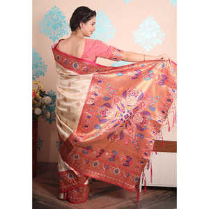 ผ้าไหมเพทีไนท์ลายครีม ซารี ผ้าไหมทอ ลายนกยูง สำหรับเสื้อผ้าอินเดียและปากีสถาน - Product Image 3