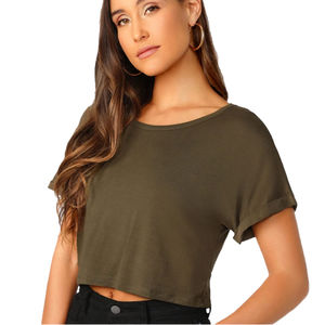 T-shirts Crop Top Slim à Col Ras du Cou pour Femmes, 100% Coton Respirant, Imprimé, Séchage Rapide, Nouvelle Collection Été, Qualité Supérieure, Vente en Gros - Product Image 1