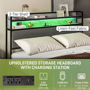 Struttura letto matrimoniale Queen Size con contenitore resistente, testiera imbottita con LED e stazione di ricarica, grigio cemento, caratteristiche King Size - Product Image 5
